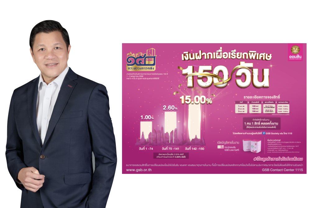 ออมสิน ร่วมฉลอง 150 ปี กระทรวงการคลัง จัดโปรแรง! เงินฝาก 150 วัน ดบ.2.55%