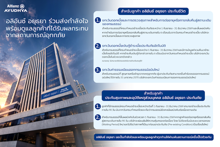 อลิอันซ์ อยุธยา ร่วมส่งกำลังใจ พร้อมออกมาตรการ ช่วยเหลือลูกค้าประสบอุทกภัย