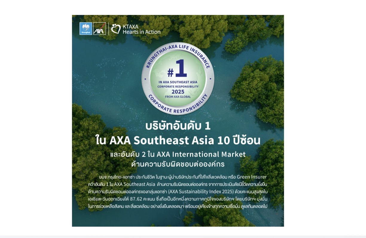 กรุงไทย-แอกซ่า ประกันชีวิต คว้าอันดับ 1 ในเอเชียอาคเนย์ต่อเนื่อง 10 ปีซ้อน