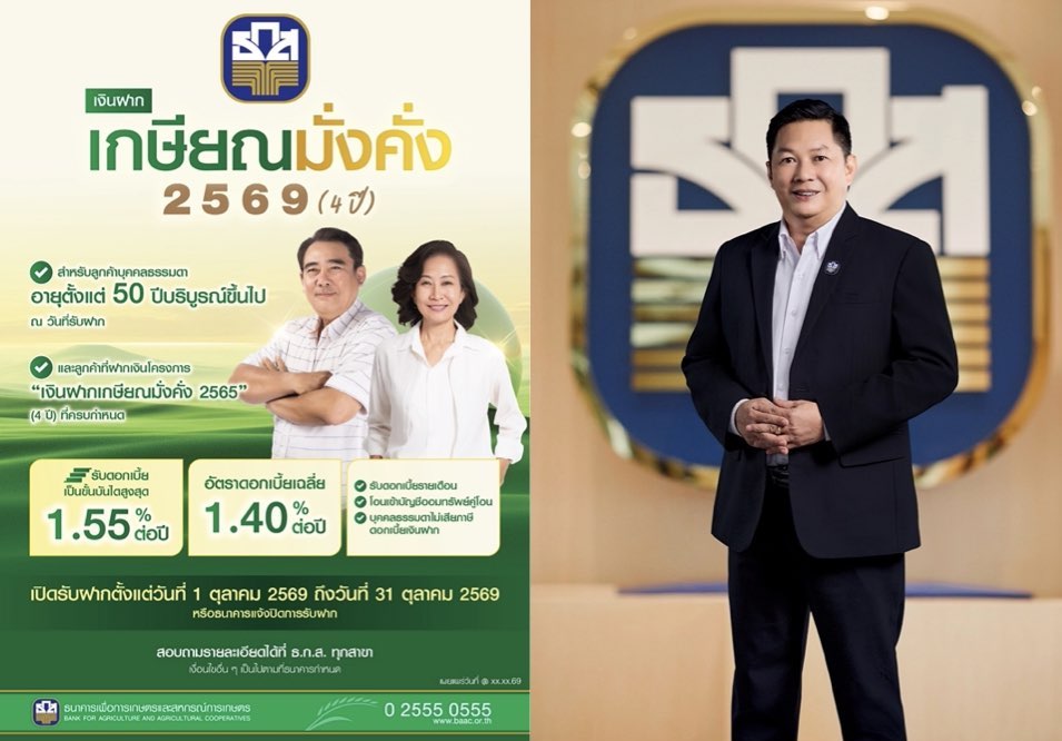 ธ.ก.ส. เปิดตัวเงินฝากเกษียณมั่งคั่ง 2569 (4 ปี) รับดอกเบี้ยขั้นบันไดสูงสุด 1.55% ต่อปี